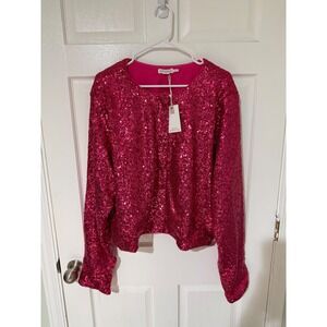 GOOD AMERICAN Sequin Long Sleeve Button Front Top Fuchsia Pink Size 5XL